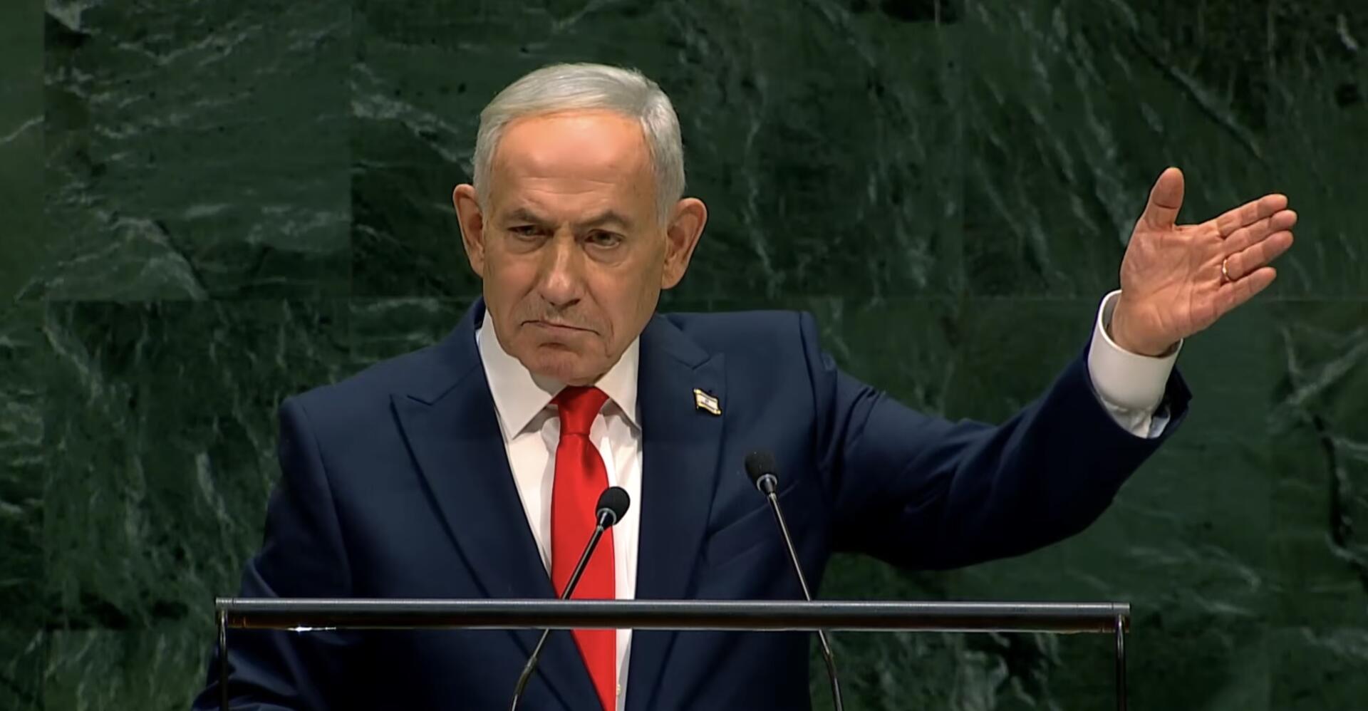 以色列總理納坦雅胡(Benjamin Netanyahu)週四(9月24日)在聯合國大會發表演說。